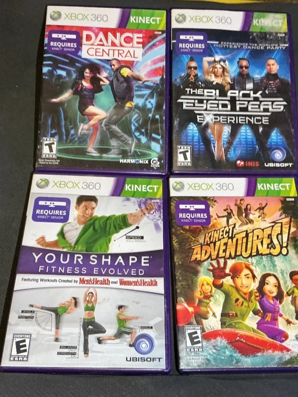Kinect Adventures,Dance Central,your shape fitness,&Black eyed peas for XBOX 360